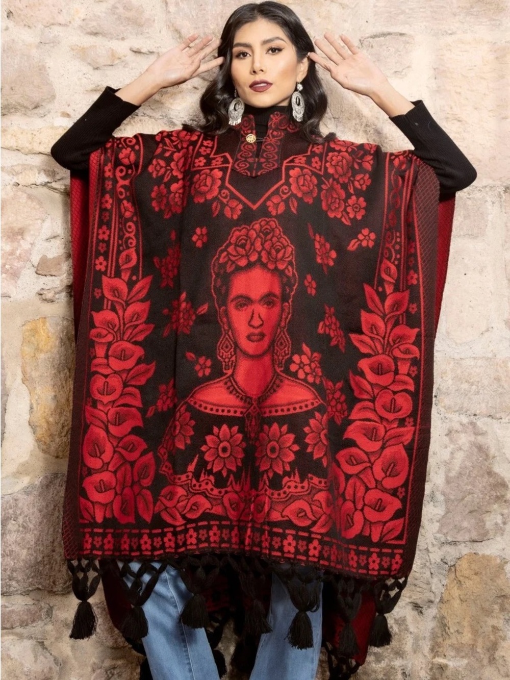 Frida-Print Red and Black Poncho Cape